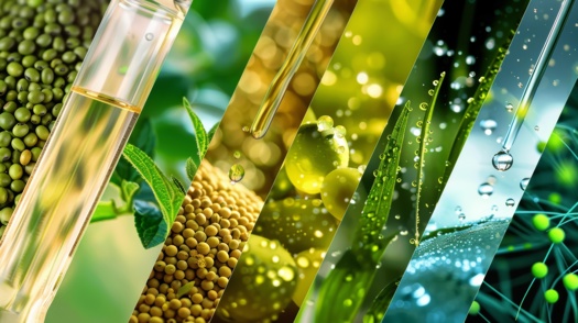 Eine Collage verschiedener Arten von Biokraftstoffen, einschließlich Fotos ihrer Quellen wie Sojabohnen, Zuckerrohr und Algen.